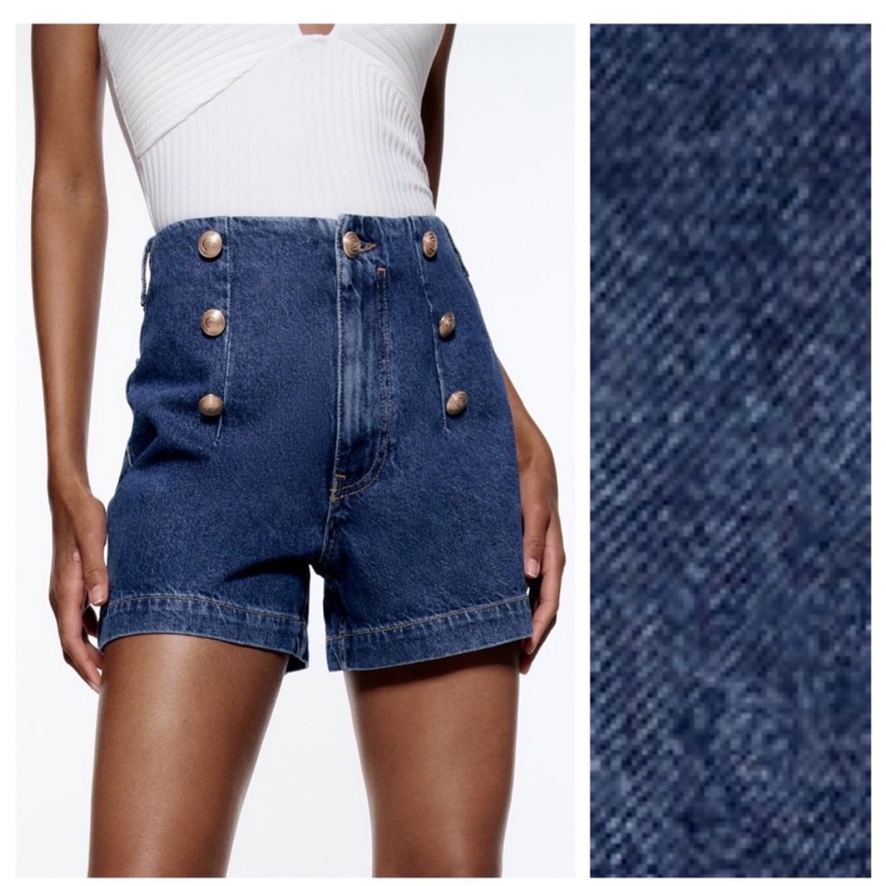 NWT. Zara Blue Z1975 Denim High Rise Golden Buttons Shorts. Size 6